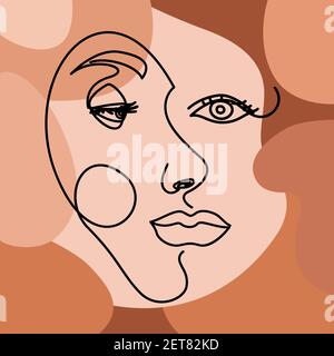 Line art, drawing of woman face and leaves. Abstract contemporary collage with geometric shapes , fashion concept, woman minimalist, vector . Stock Photo