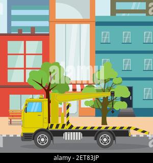 Tow truck on city road.Houses,road and trees on background,flat vector illustration Stock Vector