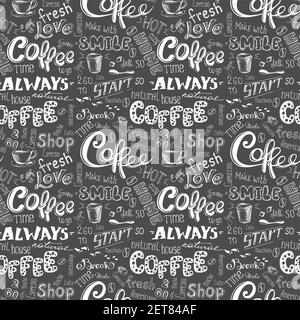 Seamless pattern with hand drawn coffee elements and signs - cups, mugs, beans and lettering text. Black and white Vector illustration. Stock Vector