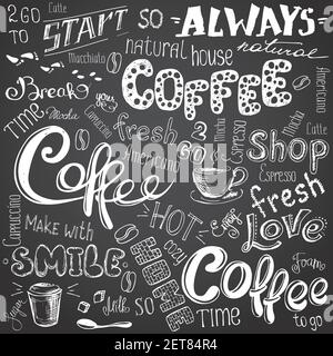 Huge Set of different hand drawn coffee elements -lettering,text, cups, mugs and beans.Black and white Vector illustration Stock Vector