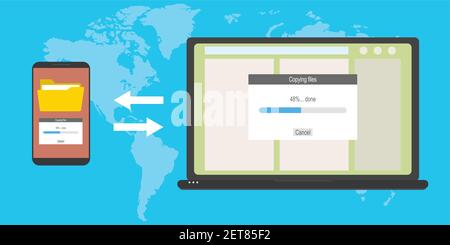 Laptop and modern smart phone,data transfer between devices, file transfer concept,flat vector illustration Stock Vector