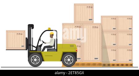 African american warehouse worker loading wooden boxes. Forklift driver at work in storehouse.Stack of boxes, Warehouse worker in flat style isolated Stock Vector