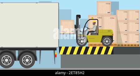 African american warehouse worker loading wooden boxes in long truck.Stack of boxes, Forklift driver at work in storehouse,flat vector illustration. Stock Vector