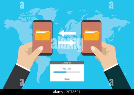 Two hands holding modern smart phones and transferred documents, file transfer concept,flat vector illustration Stock Vector