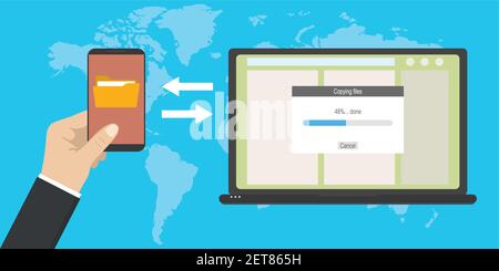Laptop, hand holding modern smart phone and transferred documents, file transfer concept,flat vector illustration Stock Vector