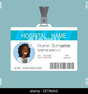 Plastic and Laminated Medical Badge or id card,doctor female face,flat template, vector illustration