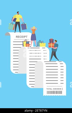 Receipt bill and shopping people with shopping bags, long paper invoice,design template,trendy style,flat vector illustration Stock Vector