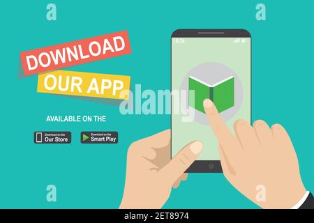 Download page of the mobile app,hand holding modern smartphone and touching screen,flat vector illustration. Stock Vector