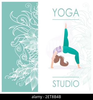 Card for Woman yoga studio with floral ornament and girl doing yoga pose,fitness banner or brochure template,trendy style vector illustration Stock Vector