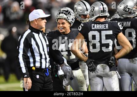 December 24, 2018: Oakland Raiders wide receiver Marcell Ateman (88)  celebrates during the NFL football game between the Denver Broncos and the  Oakland Raiders at the Oakland Alameda Coliseum in Oakland, CA.