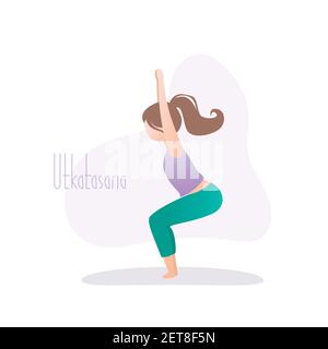 Girl doing yoga pose,Chair Pose or Utkatasana asana in hatha yoga,vector illustration in trendy style Stock Vector