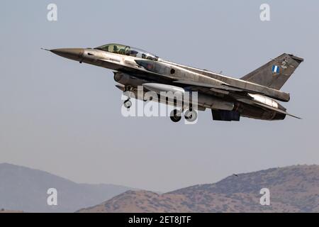 Hellenic Air Force F-16 fighter jet arriving at Larissa Airbase. Greece - May 4, 2017. Stock Photo
