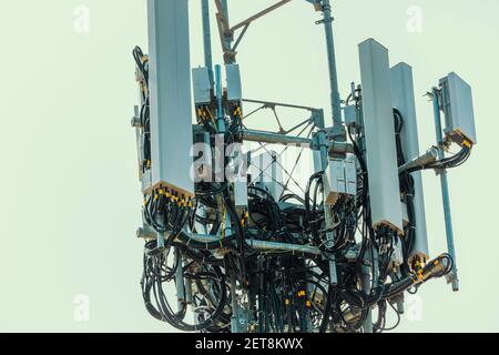 Close up view of the components in a  communications bundle in a Telecommunications Tower Stock Photo