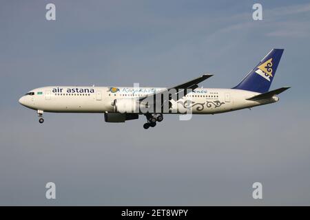 Kazakh Air Astana Boeing 767-300 with registration P4-KCA on final for Amsterdam Airport Schiphol. Stock Photo