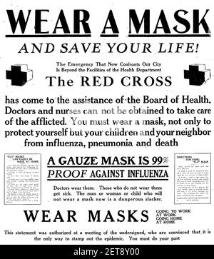 SPANISH FLU PANDEMIC 1918. An American Red Cross poster urging the wearing of masks Stock Photo