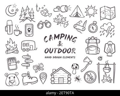 Hand drawn camping and hiking elements, isolated on white background. Cute background full of icons perfect for summer camp flyers and posters. Outlin Stock Vector
