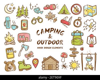 Hand drawn camping and outdoor recreation elements, isolated on white background. Cute background full of icons perfect for summer camp flyers and pos Stock Vector