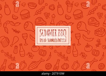 Seamless pattern with hand drawn doodle BBQ icons set. Vector illustration with summer barbecue elements collection. Cartoon meals, fish, drinks and i Stock Vector
