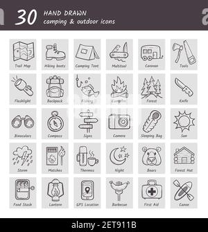 Collection of camping and hiking equipment icons. Hand drawn style. Each icon has his own description below: caravan, fishing, campfire, lantern, comp Stock Vector