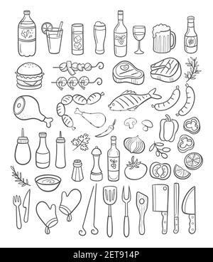 Collection of hand drawn BBQ party elements. Drinks, meat, grilled fish, vegetables, sausages, condiments and supplies. Vector illustration. Stock Vector