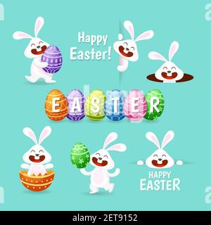 Cute easter bunny in different poses. Isolated vector illustration. Stock Vector