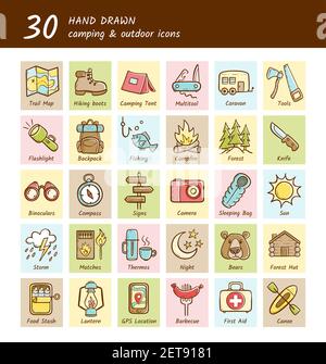 Hand drawn camping and hiking icons with text description below. Caravan, fishing, campfire, lantern, compass... Vector illustration. Stock Vector
