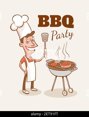 Vintage BBQ party illustration. A smily man cooking a steak and a burger in a barbecue. Vector illustration in cartoon style. Stock Vector
