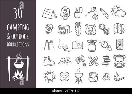 Camping and hiking equipment doodle icons set. Collection of 30 forest and camping elements in hand drawn style. Outlined icons isolated on white back Stock Vector