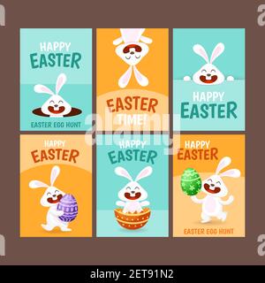 Set of six Happy Easter greeting cards illustration with eggs and a rabbit in different poses. Vector illustration.
