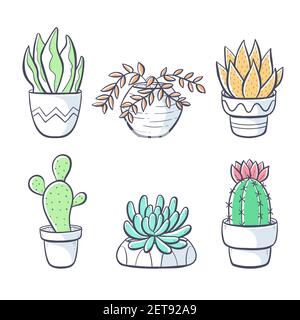 Collection of hand drawn houseplants isolated on white background. Set of decorative indoor and office plants in pot. Vector illustration with a splas Stock Vector