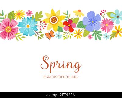 Spring background with a colorful horizontal floral banner design. Perfect for greeting cards, invitations and text decoration. Vector illustration. Stock Vector