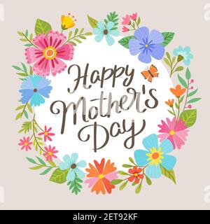 Cute Mother's Day greeting card. Colorful spring floral wreath and a white circle in the middle. Vector illustration. Stock Vector
