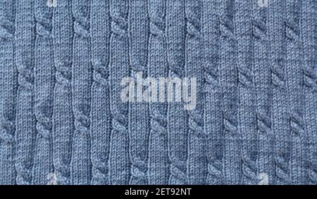 Knit pattern. Close-up of knitted wool texture. Blue pattern knit as background. Stock Photo