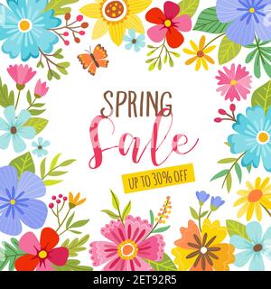 Floral spring sale card. Cute colorful floral frame. Perfect for backgrounds and seasonal sale promotions. Vector illustration. Stock Vector