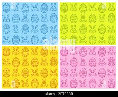 Set of four hand drawn easter eggs and rabbits seamless pattern. Editable EPS vector illustrations. Stock Vector