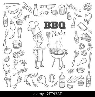 Collection of hand drawn BBQ party elements and a cartoony chef cooking in a barbecue. Vector illustration. Stock Vector