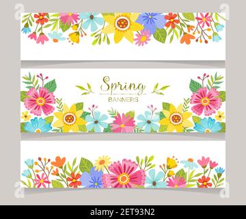 Spring horizontal banner templates with colorful flowers background. Perfect for flyers, invitations, brochures, web banners and blogs decoration. Vec Stock Vector