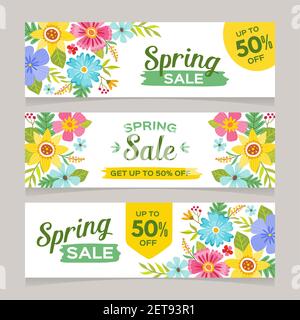 Spring sale horizontal banner templates with colorful flowers background. Perfect for vouchers, flyers, invitations, brochures, web banners and coupon Stock Vector