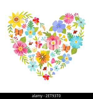 Colorful heart shape made from flowers. Seasonal background. Can be used for greeting and wedding cards, gifts, postcards, invitations. Vector illustr Stock Vector