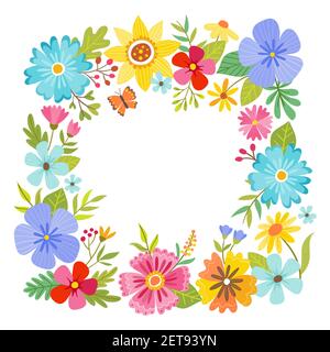 Colorful floral frame design on white background. Blank space in the middle for adding your own text. Vector illustration. Stock Vector