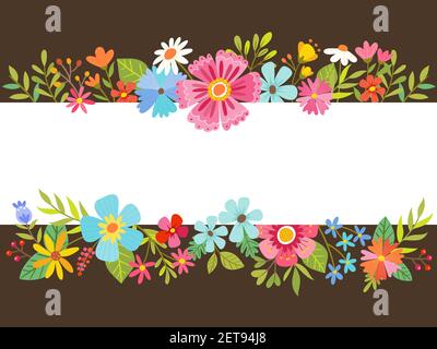 Spring floral background with cartoon flowers. Editable white banner in the middle. Vector illustration. Stock Vector