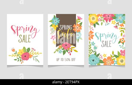 Spring sale web banner collection with beautiful colorful flowers. Perfect for your seasonal sale promotions. Vector illustration. Stock Vector