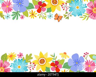 Spring landscape background full of flowers at the top and bottom, with an editable blank space in the middle. Vector illustration. Stock Vector