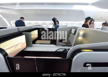 --FILE--Interior view of a full-size mock-up of the CR929 widebody jet displayed by Sino-Russian joint venture CRAIC and jointly developed by Russia's United Aircraft and China's Comac during the 12th China International Aviation and Aerospace Exhibition, also known as Airshow China 2018, in Zhuhai city, south China's Guangdong province, 7 November 2018. China has committed to developing two trunk airliner models and two regional airplane models, the C919 narrow-body and the CR929 wide-body jetliners, as well as the ARJ21 regional jet and the MA60 series turboprop aircraft. The China-Russia jo