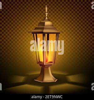 Strange, vintage retro lantern with a candle. 3D realistic illustration. Isolated on transparent background. Vector. Stock Vector