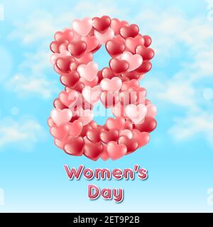 The figure eight consists of heart-shaped balloons. International women s day symbol. March 8 realistic style. Against the background of a blue sky Stock Vector