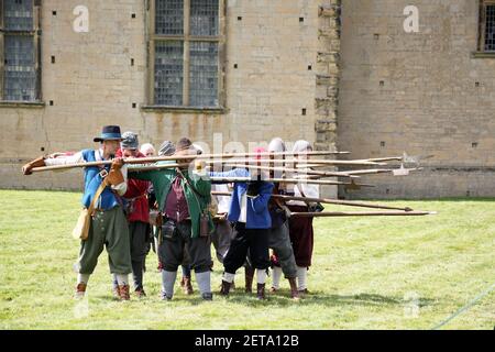 English Civil War foot soldiers re-enactment at Bolsover Castle Stock Photo