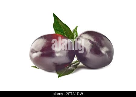 Two ripe plums with leaves on white Stock Photo
