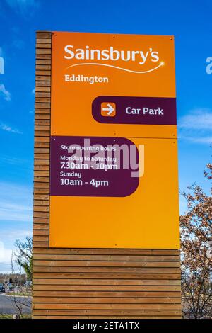 Sainsbury's Supermarket Store Sign on a main road in Cambridge UK. Sainsbury's Eddington Cambridge Shop Sign. Stock Photo