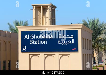 Al Ghubaiba Metro Station in Dubai. Public transport sign in Dubai in english and arabic. RTA Metro Station. Stock Photo